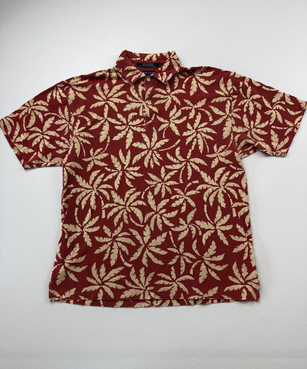 Tommy Hilfiger Polo Shirt Mens Large Red Tropical Leaf Print Cotton Casual Knit